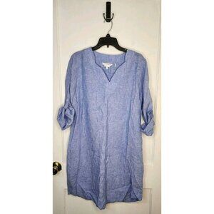 FOXCROFT LINEN Heritage Non-Iron Women Size 16 Blue V-Neck Tunic Shirt Dress